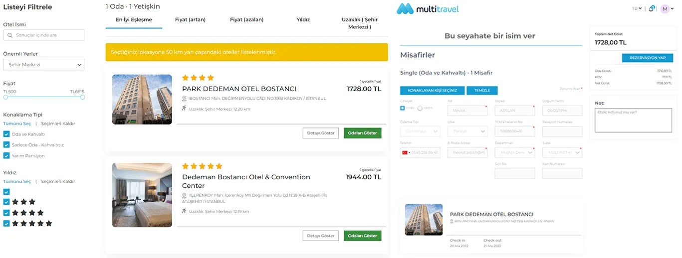 Şirketinizin kurumsal otel konaklama giderlerini; şeffaf, anlık ve kolay takip sunan MultiTravel kurumsal seyahat platformu ile yönetin.